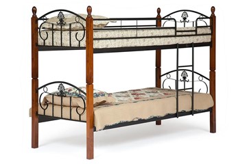 Детская кровать BOLERO двухярусная дерево гевея/металл, 90*200 см (bunk bed), красный дуб/черный в Кургане