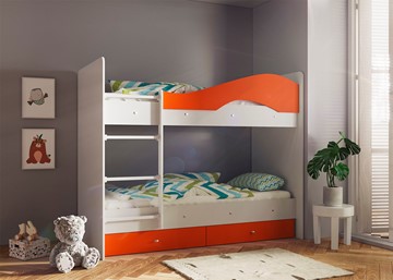 Кровать двухъярусная Мая с 2 ящиками на щитах, корпус Млечный дуб, фасад Оранжевый в Шадринске