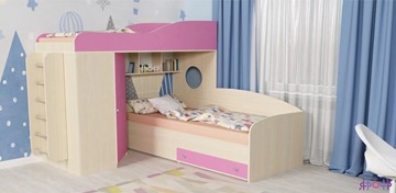 Детская кровать-шкаф Кадет-2 с металлической лестницей, корпус Дуб, фасад Розовый в Кургане