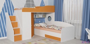 Детская кровать-чердак Кадет-2 с универсальной лестницей, корпус Белое дерево, фасад Оранжевый в Кургане