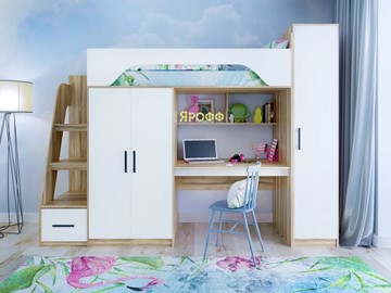 Кровать-чердак в детскую с шкафом Тея, каркас Ясень, фасад Белый в Шадринске