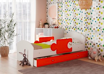 Детская кровать с ящиком и бортиками Мозайка, корпус Белый/фасад Оранжевый (ламели) в Шадринске