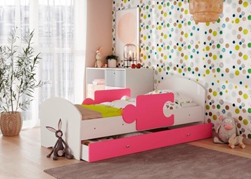 Детская кровать с бортиками и ящиком Мозайка, корпус Белый/фасад Розовый (ламели) в Кургане