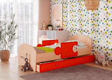 Кровать детская с бортиками и ящиком Мозайка, корпус Млечный дуб/фасад Оранжевый (ламели) в Шадринске