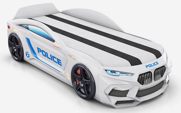 Кровать-машина в детскую Romeo-М Police + подсветка фар, ящик, матрас, Белый в Кургане