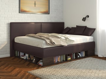 Полуторная детская кровать Lancaster 1, 120х200, ЛДСП венге, экокожа коричневая в Шадринске
