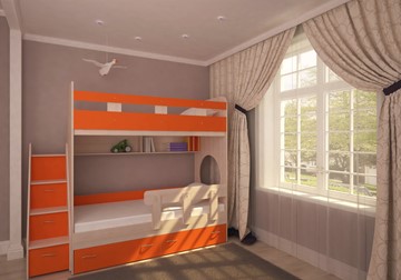 Двухъярусная кровать Ярофф Юниор-1 с бортом, каркас Дуб, фасад Оранжевый в Кургане
