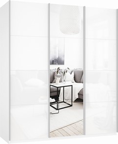 Шкаф 3-х створчатый Прайм (Белое стекло/Зеркало/Белое стекло) 2100x570x2300, белый снег в Шадринске