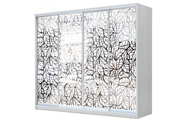 Шкаф-купе 4-х створчатый 24-4-24/2-6666, Пескоструйный рисунок "Лист", Белый в Шадринске