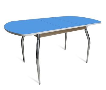 Кухонный стол раскладной ПГ-07 СТ2, дуб молочный/синие стекло/35 хром гнутые металл в Шадринске