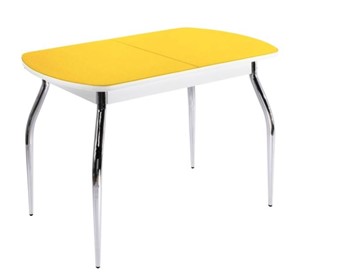 Кухонный раздвижной стол ПГ-07 СТ2, белое/желтое стекло/35 хром гнутые металл в Шадринске