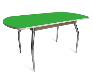 Обеденный раздвижной стол ПГ-07 СТ2, дуб молочный/зеленое стекло/35 хром гнутые металл в Шадринске