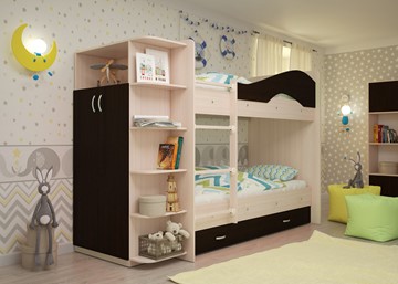 Детская 2-х ярусная кровать Мая на щитах со шкафом и ящиками, корпус Млечный дуб, фасад Венге в Шадринске - предосмотр