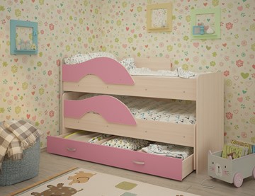 Детская двухэтажная кровать Радуга 1.6 с ящиком, корпус Млечный дуб, фасад Розовый в Шадринске