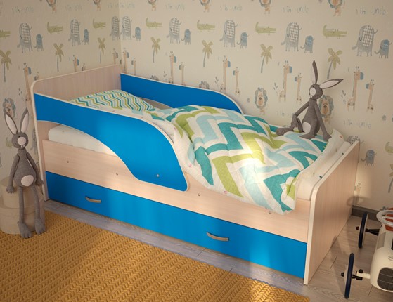 Кровать с ящиками Максимка, корпус Млечный дуб, фасад Синий в Шадринске - изображение
