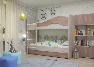 Детская 2-ярусная кровать Мая с 2 ящиками на щитах, корпус Шимо светлый, фасад Шимо темный в Шадринске - предосмотр