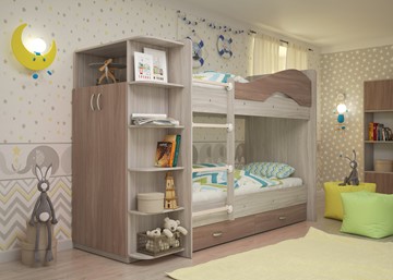 Детская 2-этажная кровать Мая на щитах со шкафом и ящиками, корпус Шимо светлый, фасад Шимо темный в Кургане - предосмотр