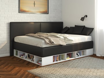 Кровать подростковая Lancaster 1, 140х200, ЛДСП белая, экокожа черная в Шадринске