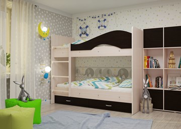 Детская  двухъярусная кровать Мая с 2 ящиками на щитах, корпус Млечный дуб, фасад Венге в Шадринске - предосмотр 1