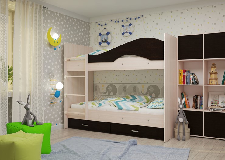 Детская  двухъярусная кровать Мая с 2 ящиками на щитах, корпус Млечный дуб, фасад Венге в Шадринске - изображение 1