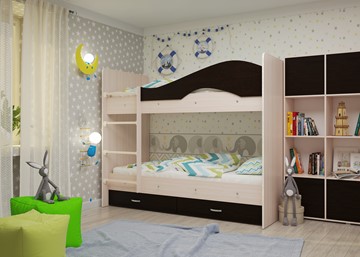 Детская 2-х ярусная кровать Мая на щитах со шкафом и ящиками, корпус Млечный дуб, фасад Венге в Шадринске - предосмотр 1