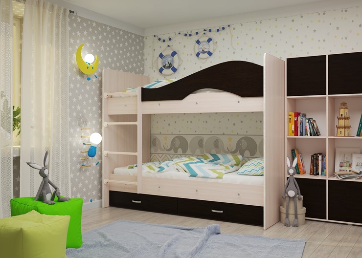 Детская 2-х ярусная кровать Мая на щитах со шкафом и ящиками, корпус Млечный дуб, фасад Венге в Шадринске - изображение 1