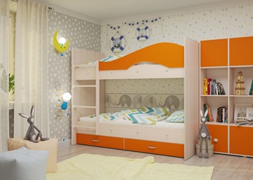 Кровать двухъярусная Мая с 2 ящиками на щитах, корпус Млечный дуб, фасад Оранжевый в Шадринске - предосмотр 3