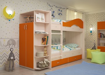 Кровать двухъярусная Мая с 2 ящиками на щитах, корпус Млечный дуб, фасад Оранжевый в Шадринске - предосмотр 1