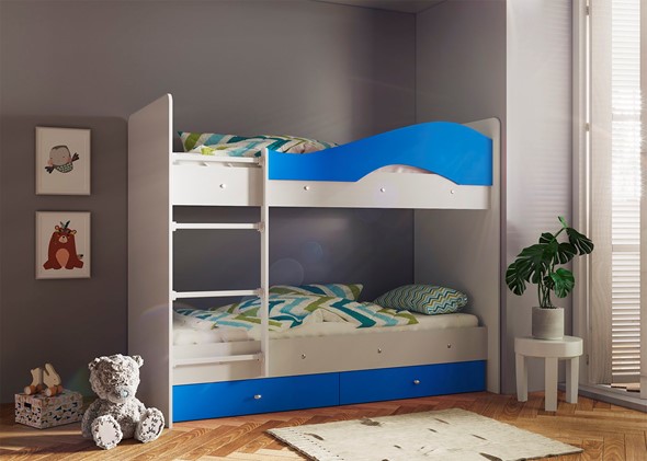 Кровать 2-ярусная Мая с 2 ящиками на щитах, корпус Млечный дуб, фасад Синий в Шадринске - изображение