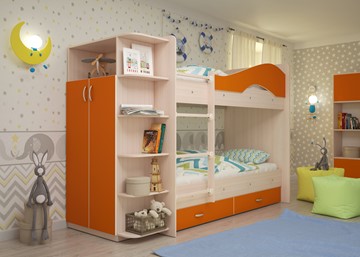 Детская двухэтажная кровать Мая на щитах со шкафом и ящиками, корпус Млечный дуб, фасад Оранжевый в Кургане