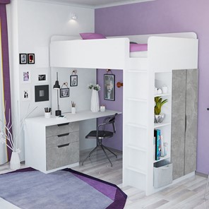 Кровать-чердак с письменным столом и шкафом POLINI Kids Simple Белый / Бетон в Шадринске - предосмотр 1