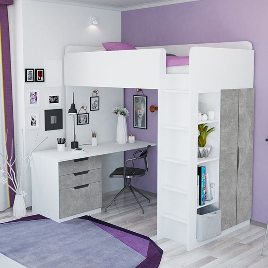 Кровать-чердак с письменным столом и шкафом POLINI Kids Simple Белый / Бетон в Шадринске - изображение 1