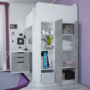 Кровать-чердак с письменным столом и шкафом POLINI Kids Simple Белый / Бетон в Шадринске - предосмотр 2