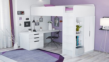 Кровать-чердак с письменным столом и шкафом POLINI Kids Simple Белый в Шадринске - предосмотр 1