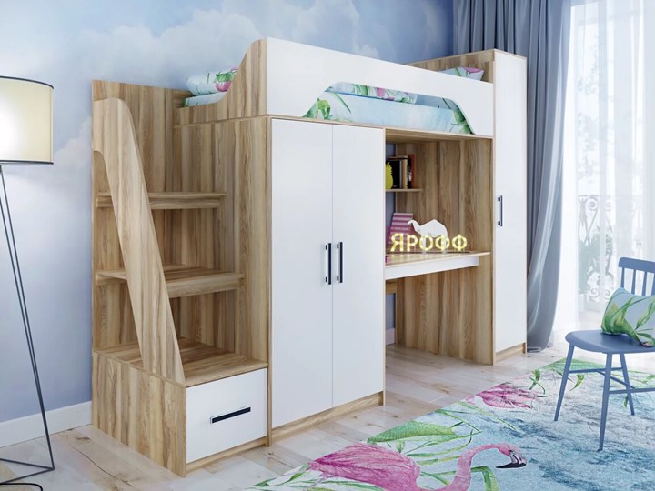 Кровать-чердак в детскую с шкафом Тея, каркас Ясень, фасад Белый в Шадринске - изображение 1
