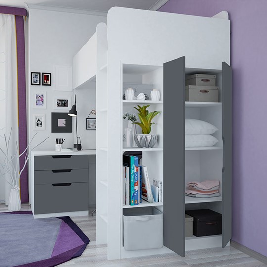 Детская кровать с письменным столом и шкафом POLINI Kids Simple Белый / Серый в Шадринске - изображение 1