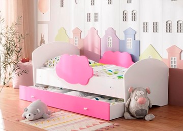 Детская кровать с бортиками Тучка с ящиком, корпус Белый, фасад Розовый в Шадринске