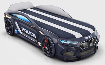 Детская кровать-машина Romeo-М Police + подсветка фар, ящик, матрас, Черный в Шадринске