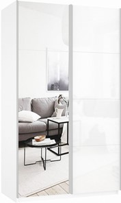 Шкаф 2-х створчатый Прайм (Зеркало/Белое стекло) 1400x570x2300, белый снег в Кургане - предосмотр