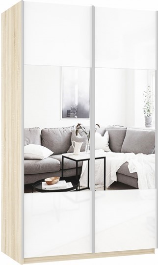 Шкаф двухдверный Прайм (Зеркало/Белое стекло) 1400x570x2300, дуб сонома в Кургане - изображение 2