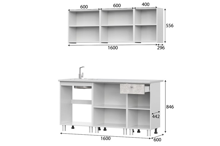 Кухонный гарнитур КГ-1 1600, белый/белый/цемент светлый/антарес в Шадринске - изображение 2