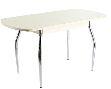 Обеденный раздвижной стол ПГ-07 СТ1, дуб молочный/белое стекло/35 хром гнутые в Кургане