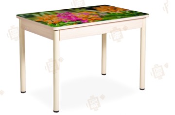 Кухонный стол раскладной Айсберг-02 СТФ, Дуб ЛДСП/полевые цветы/ноги крашеные в Шадринске