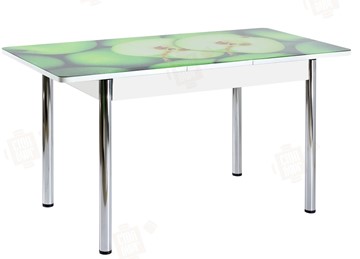 Обеденный раздвижной стол Айсберг-02 СТФ, белое лдсп/зеленые яблоки/ноги хром прямые в Шадринске