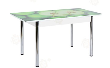 Кухонный стол раздвижной Айсберг-01 СТФ, белый/фотопечать зеленые яблоки/ноги хром круглые в Кургане
