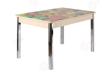 Кухонный стол раскладной Айсберг-01 СТФ, дуб/фотопечать фрукты/ноги хром квадратные в Кургане