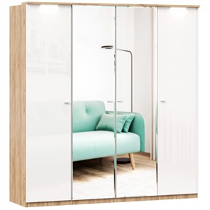 Шкаф 4х-дверный Фиджи с 2 зеркалами, Дуб золотой/Белый в Шадринске