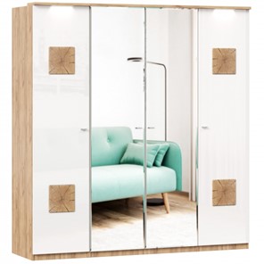 4-створчатый шкаф Фиджи с 2 зеркалами и декоративными накладками, Дуб золотой/Белый в Шадринске