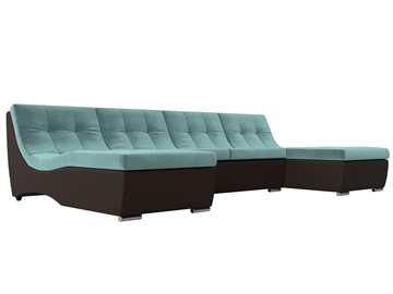 Большой П-образный диван Монреаль, Бирюзовый\Коричневый (Велюр\Экокожа) в Кургане