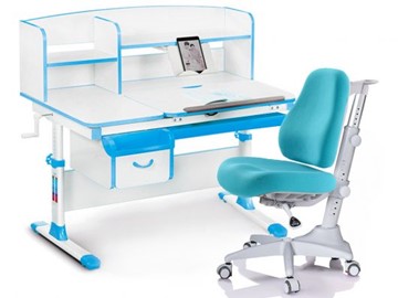 Комплект растущая парта + стул Mealux-EVO Evo-50 BL (арт. Evo-50 BL + Y-528 KBL) / (стол+полка+кресло) / белая столешница / цвет пластика голубой в Шадринске